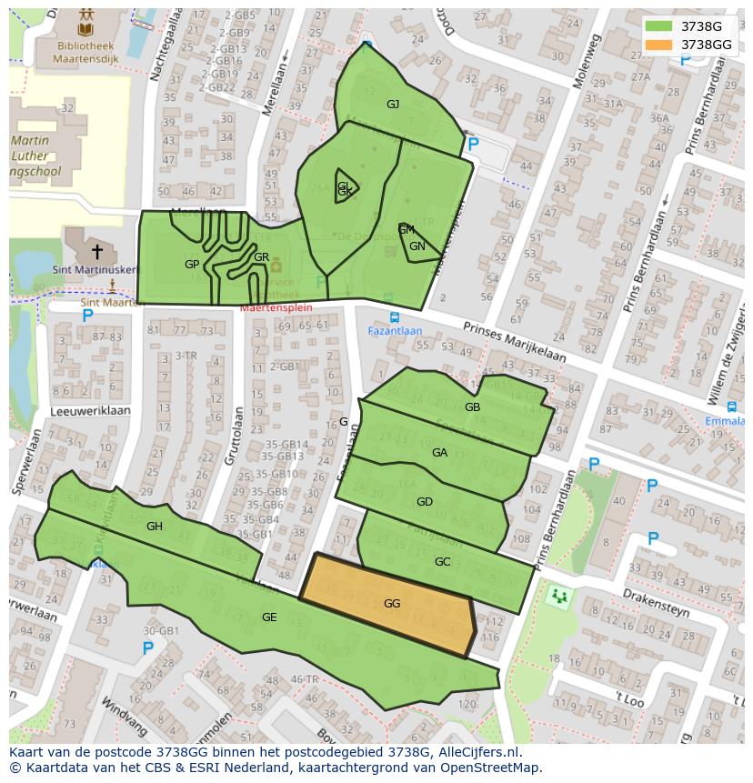 Afbeelding van het postcodegebied 3738 GG op de kaart.