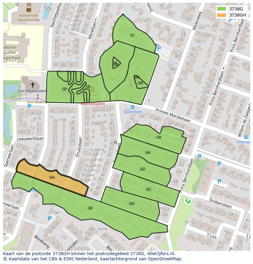 Afbeelding van het postcodegebied 3738 GH op de kaart.