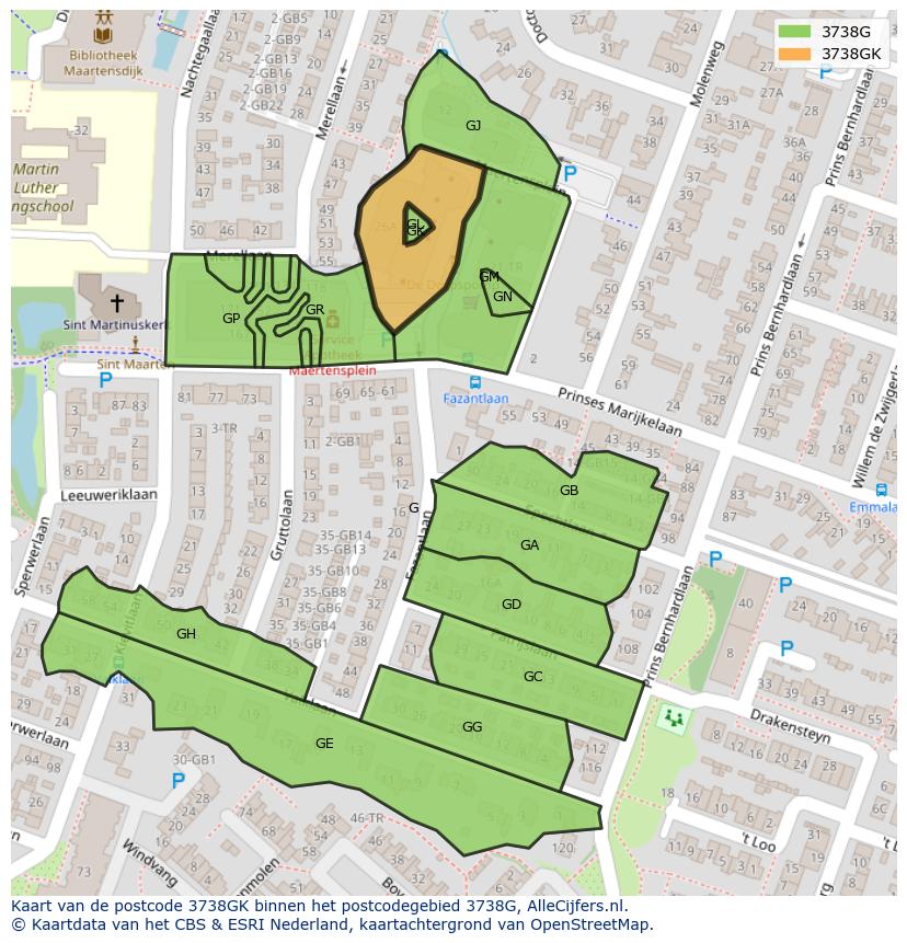Afbeelding van het postcodegebied 3738 GK op de kaart.