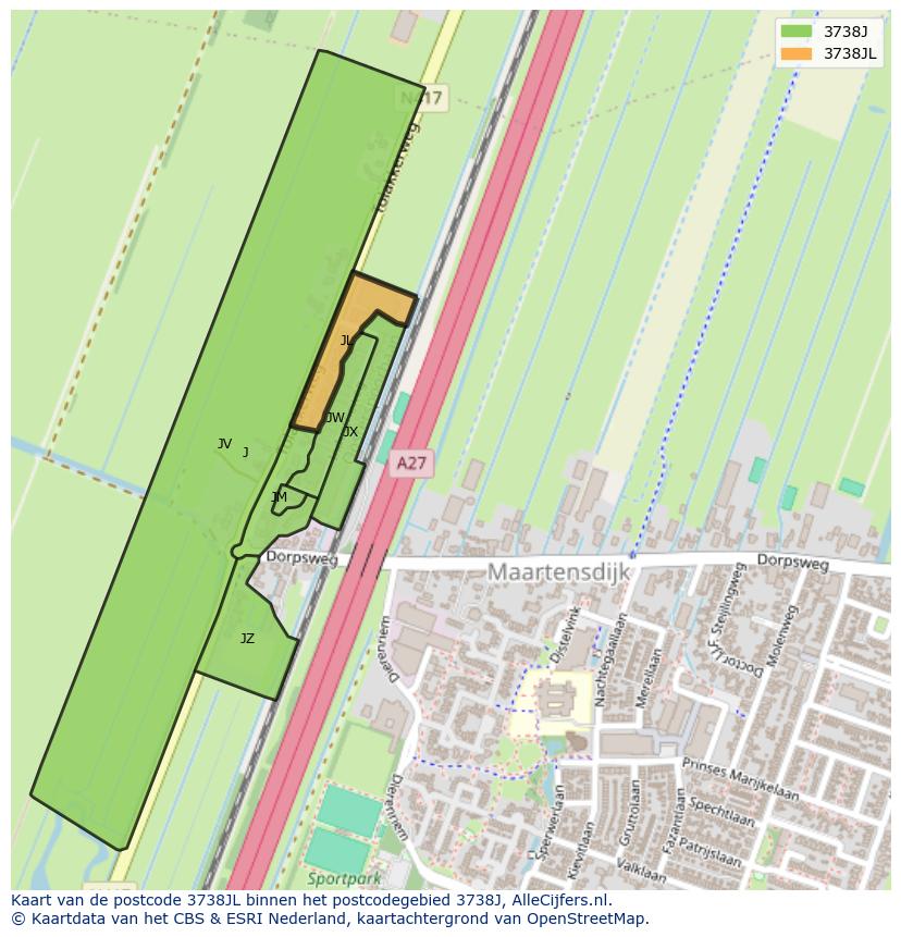 Afbeelding van het postcodegebied 3738 JL op de kaart.