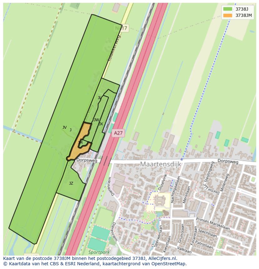 Afbeelding van het postcodegebied 3738 JM op de kaart.