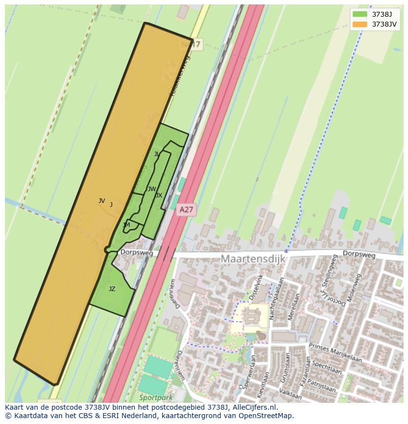Afbeelding van het postcodegebied 3738 JV op de kaart.