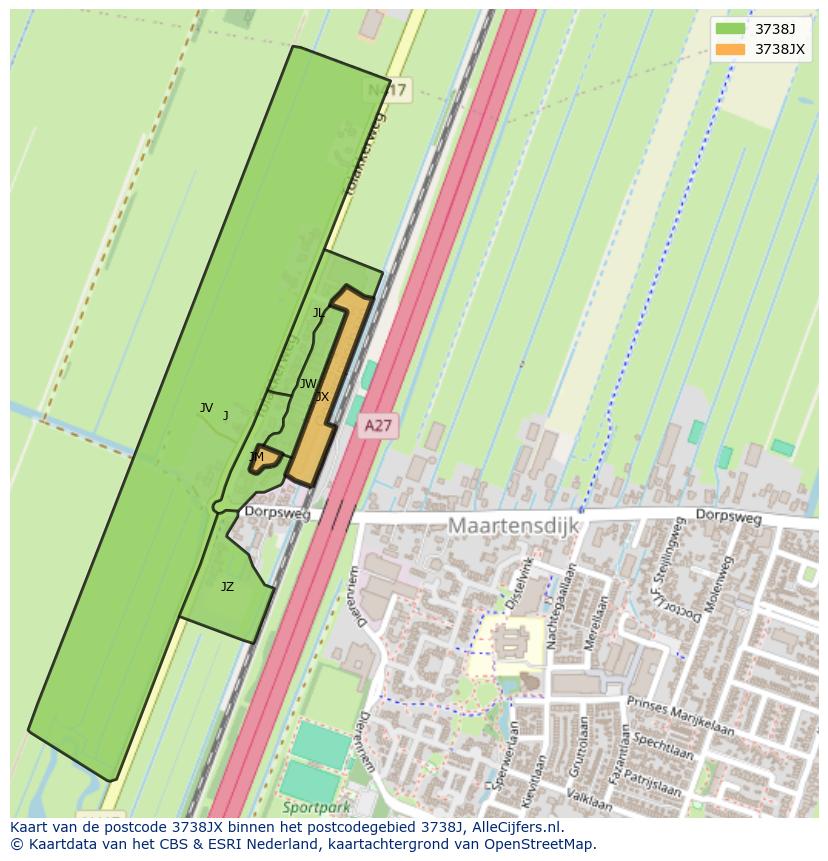 Afbeelding van het postcodegebied 3738 JX op de kaart.