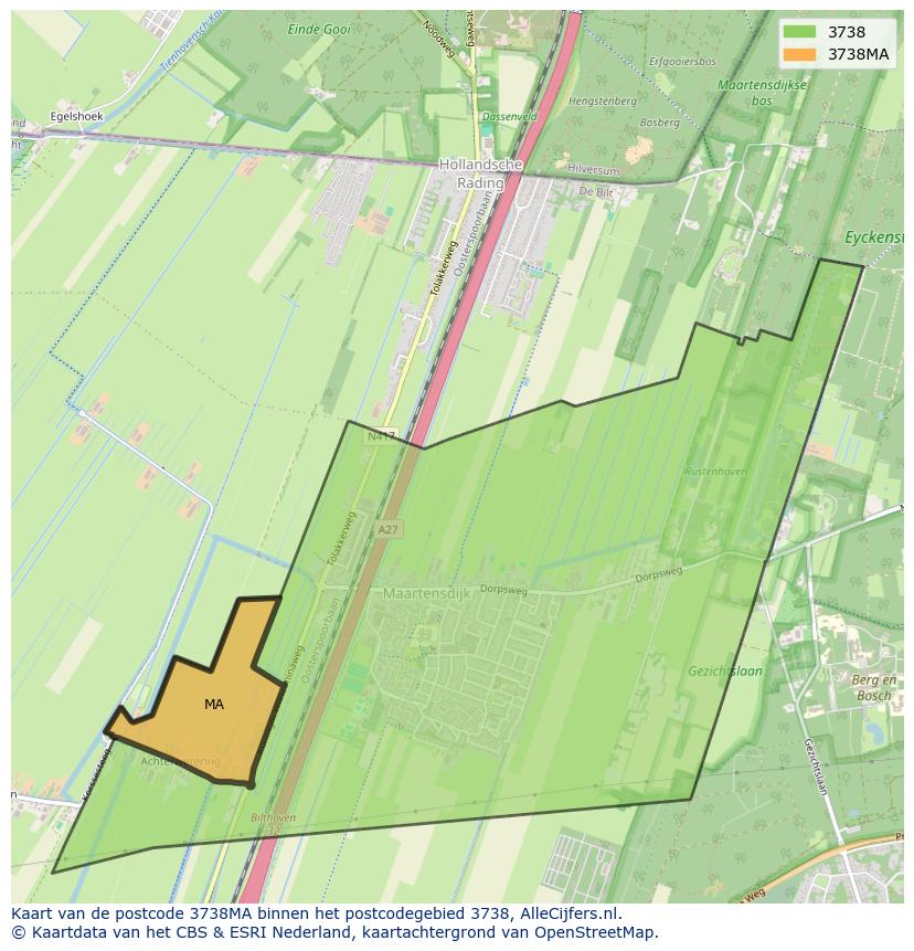 Afbeelding van het postcodegebied 3738 MA op de kaart.