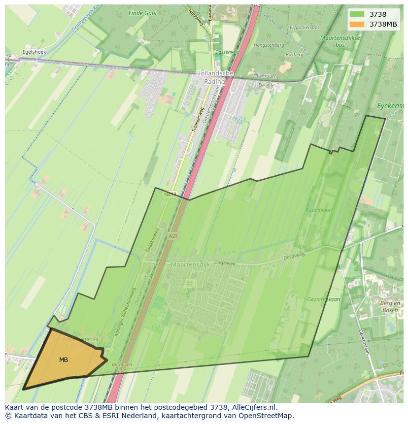 Afbeelding van het postcodegebied 3738 MB op de kaart.