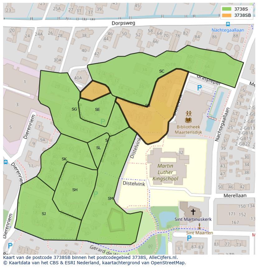 Afbeelding van het postcodegebied 3738 SB op de kaart.