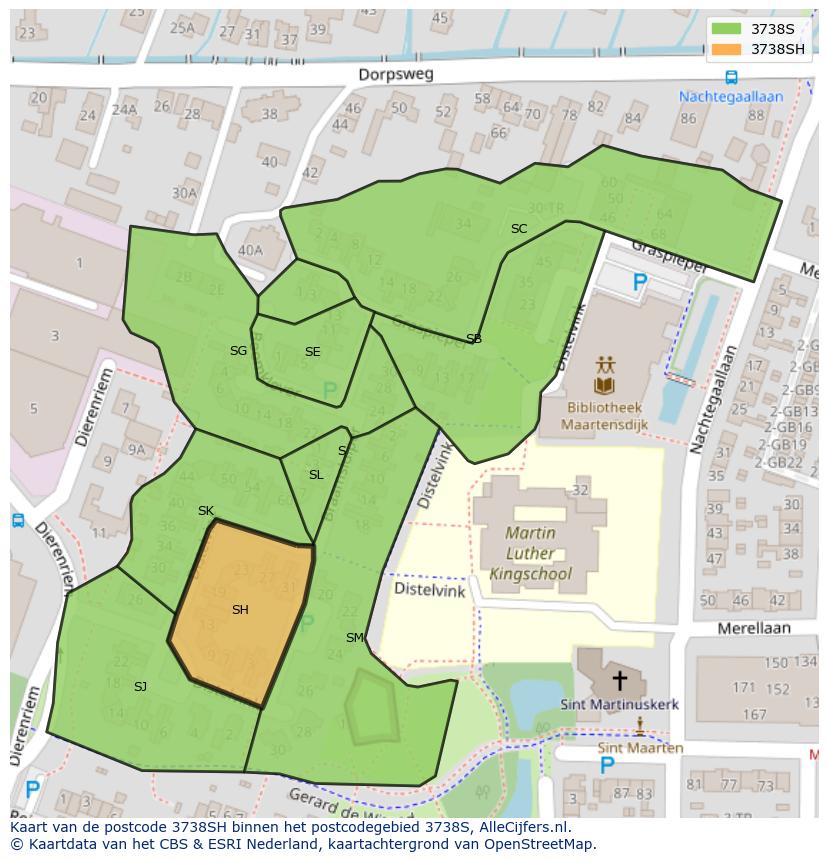 Afbeelding van het postcodegebied 3738 SH op de kaart.