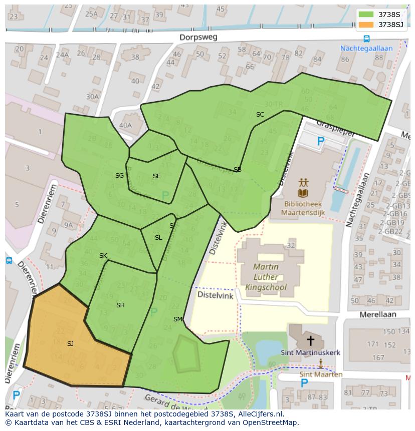 Afbeelding van het postcodegebied 3738 SJ op de kaart.