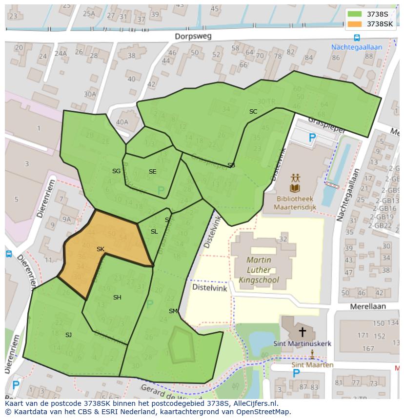 Afbeelding van het postcodegebied 3738 SK op de kaart.