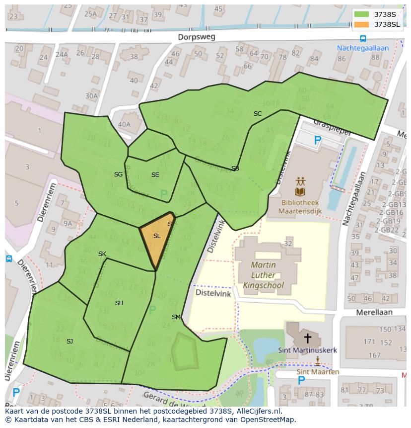 Afbeelding van het postcodegebied 3738 SL op de kaart.
