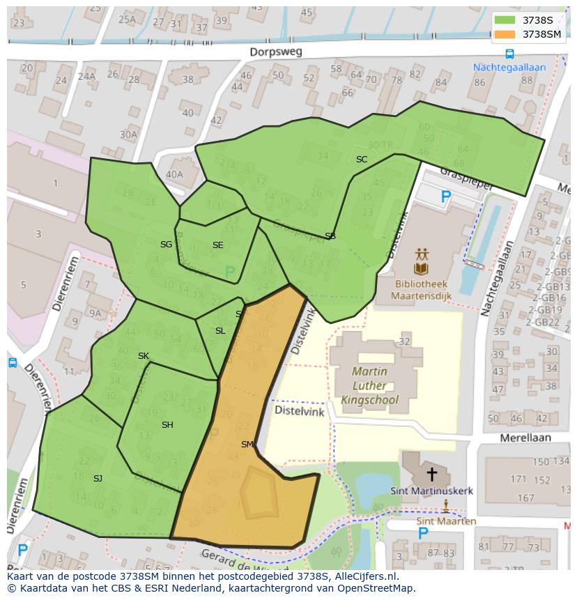 Afbeelding van het postcodegebied 3738 SM op de kaart.