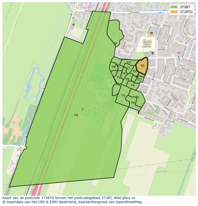 Afbeelding van het postcodegebied 3738 TG op de kaart.