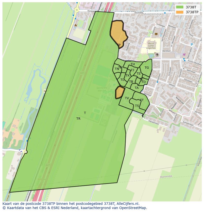 Afbeelding van het postcodegebied 3738 TP op de kaart.