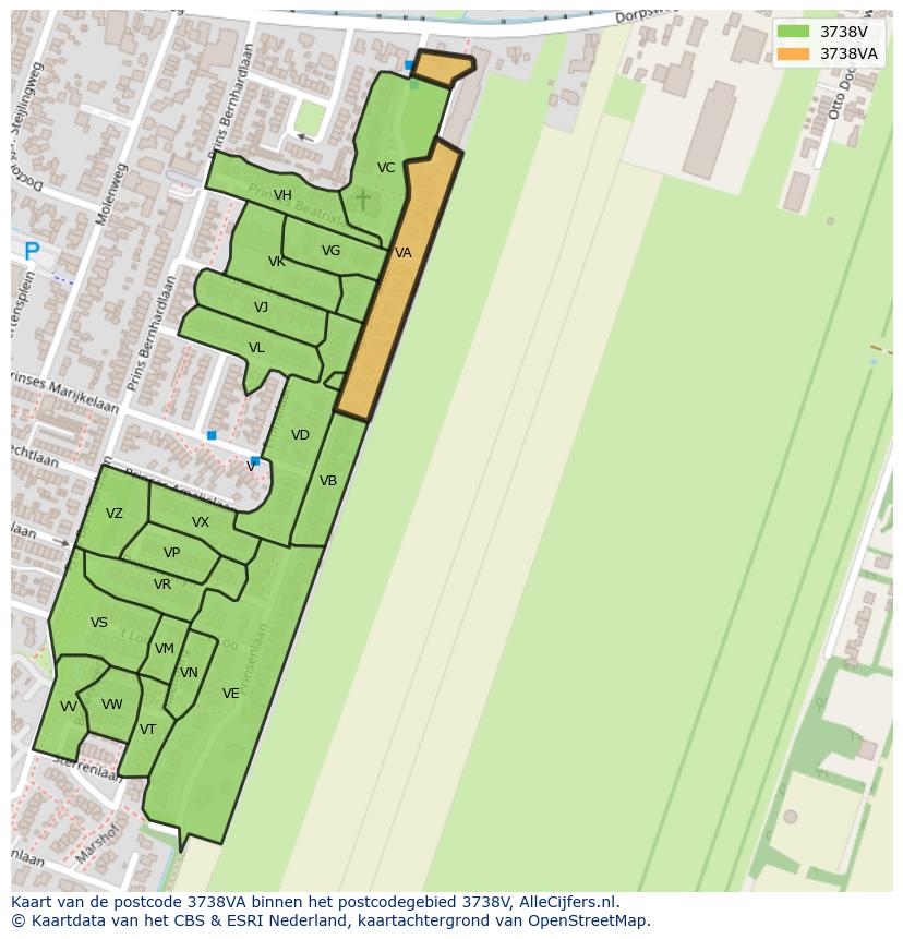 Afbeelding van het postcodegebied 3738 VA op de kaart.