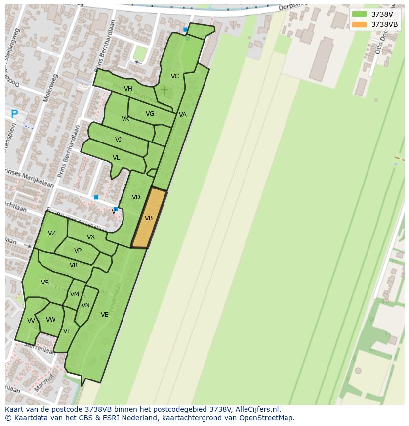 Afbeelding van het postcodegebied 3738 VB op de kaart.