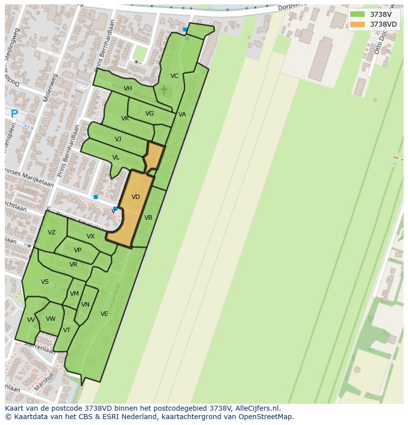 Afbeelding van het postcodegebied 3738 VD op de kaart.