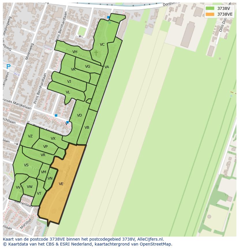 Afbeelding van het postcodegebied 3738 VE op de kaart.