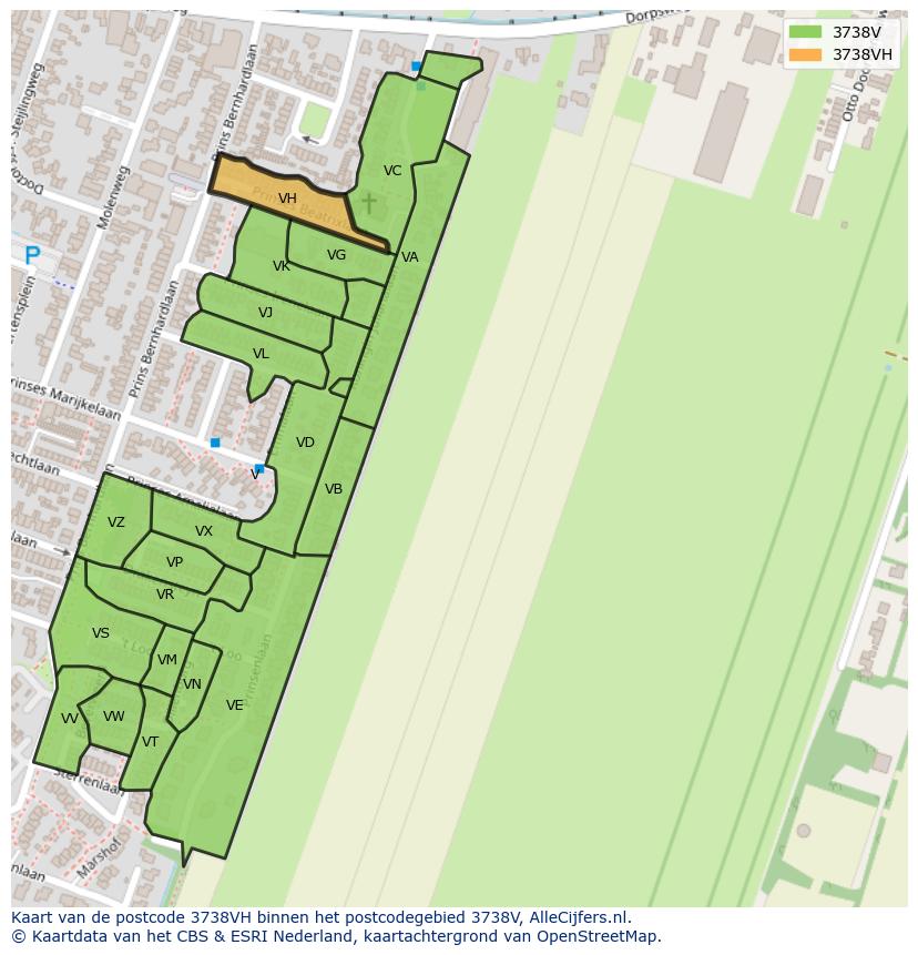 Afbeelding van het postcodegebied 3738 VH op de kaart.