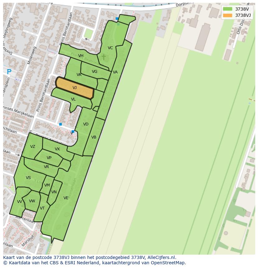 Afbeelding van het postcodegebied 3738 VJ op de kaart.