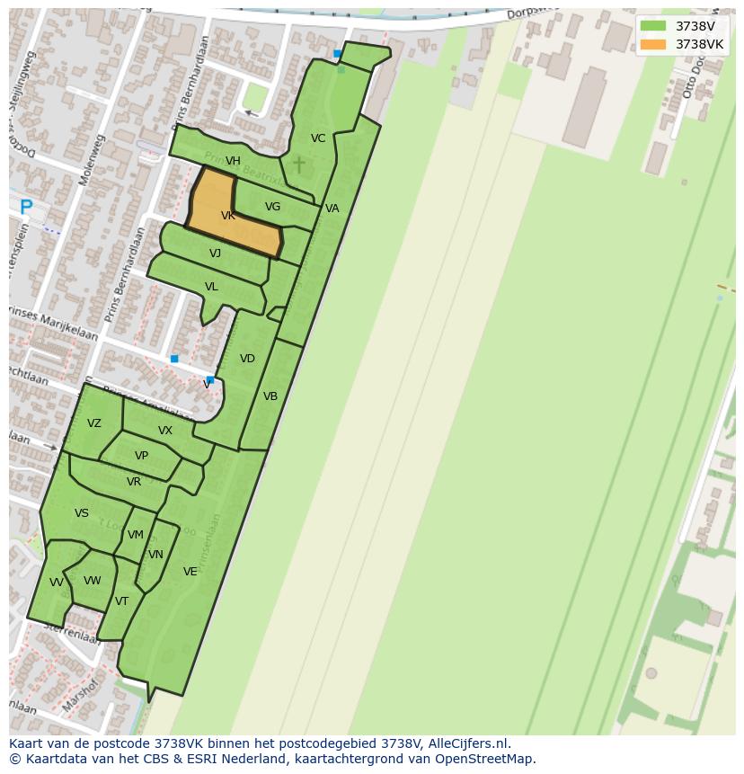 Afbeelding van het postcodegebied 3738 VK op de kaart.