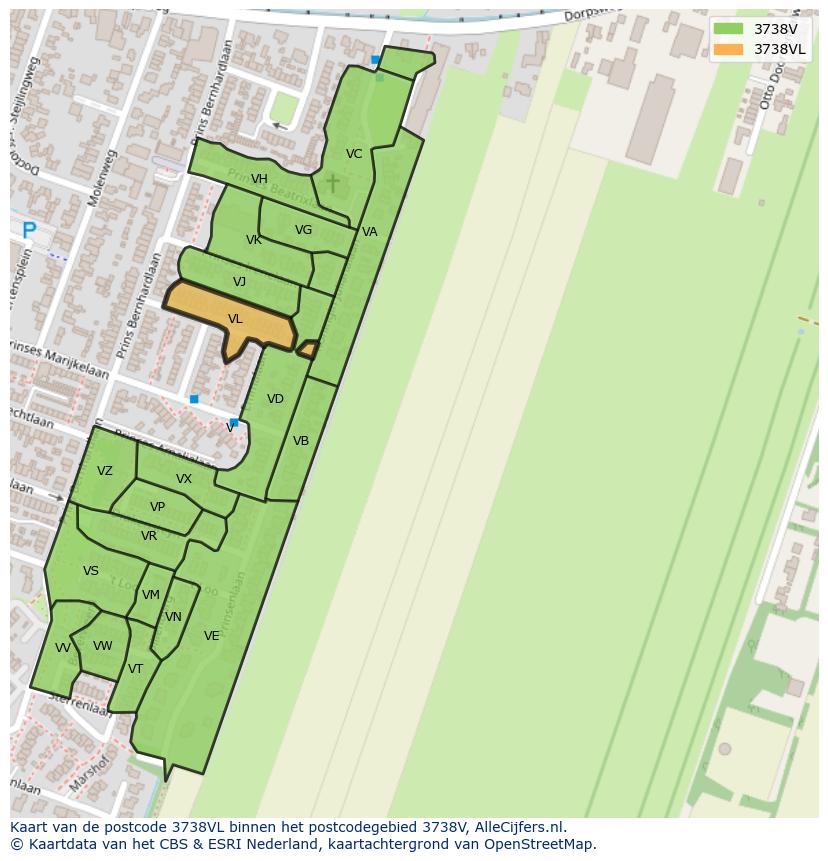 Afbeelding van het postcodegebied 3738 VL op de kaart.