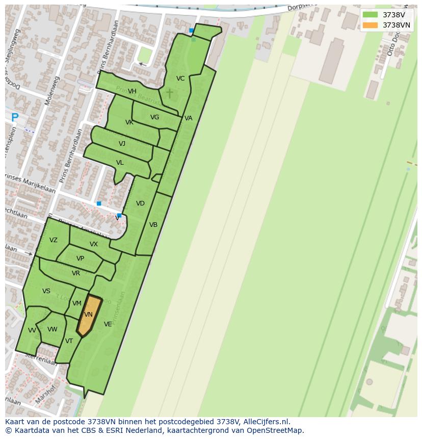 Afbeelding van het postcodegebied 3738 VN op de kaart.