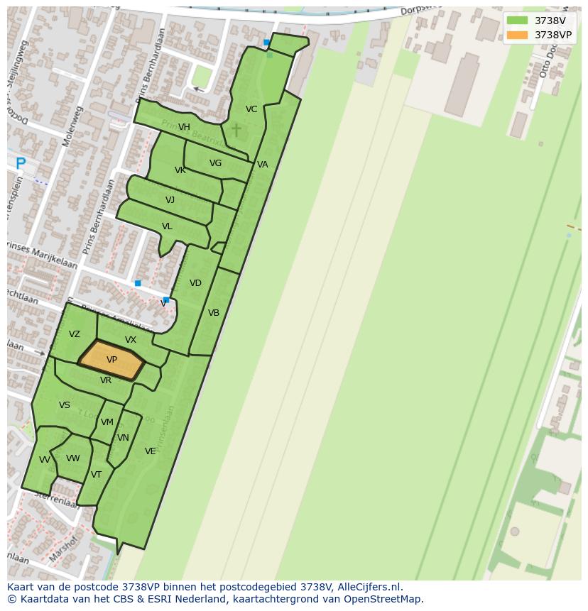 Afbeelding van het postcodegebied 3738 VP op de kaart.