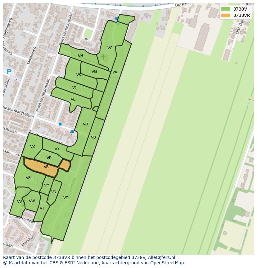Afbeelding van het postcodegebied 3738 VR op de kaart.