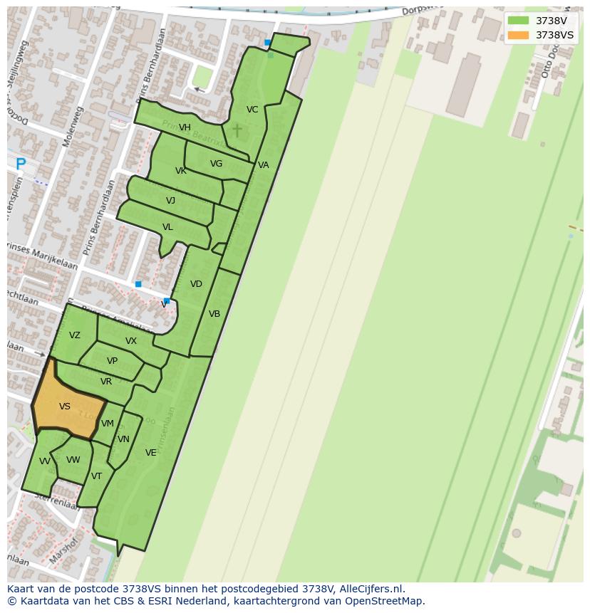 Afbeelding van het postcodegebied 3738 VS op de kaart.