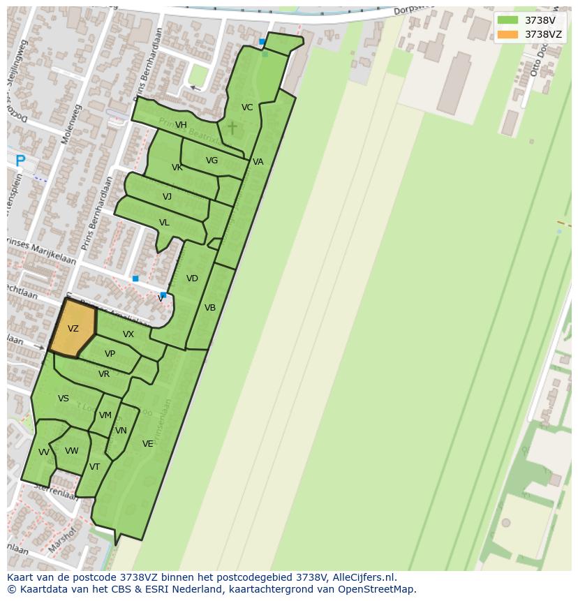 Afbeelding van het postcodegebied 3738 VZ op de kaart.