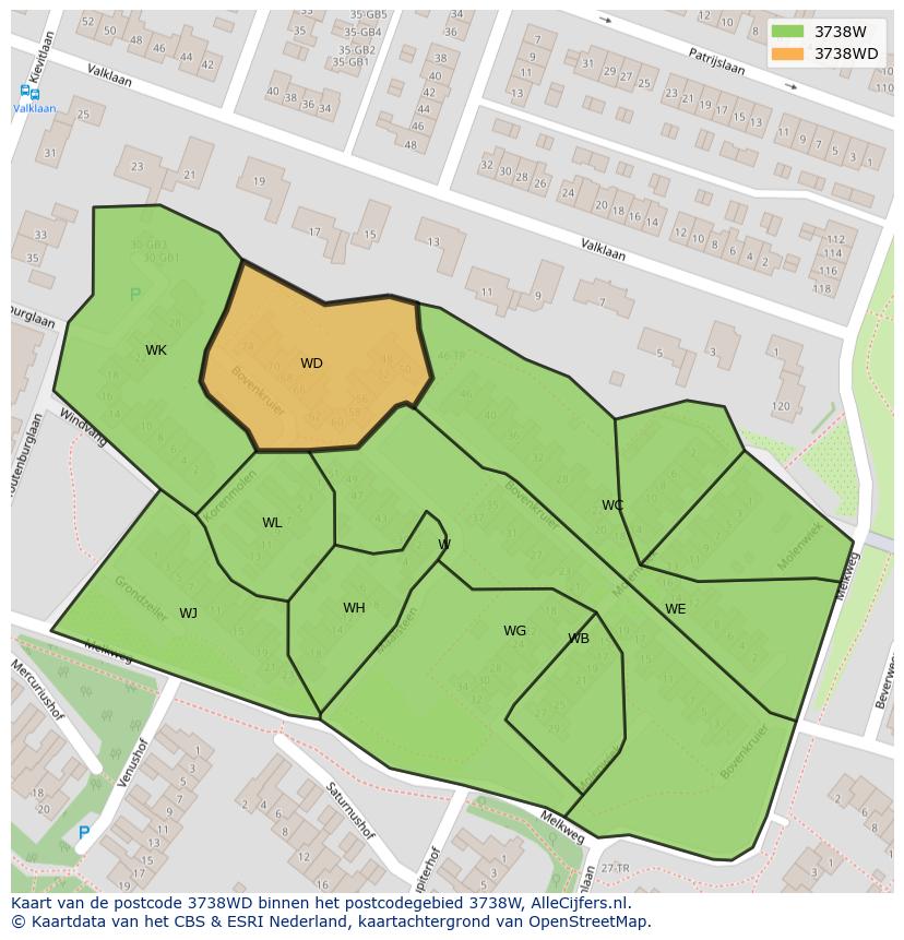 Afbeelding van het postcodegebied 3738 WD op de kaart.