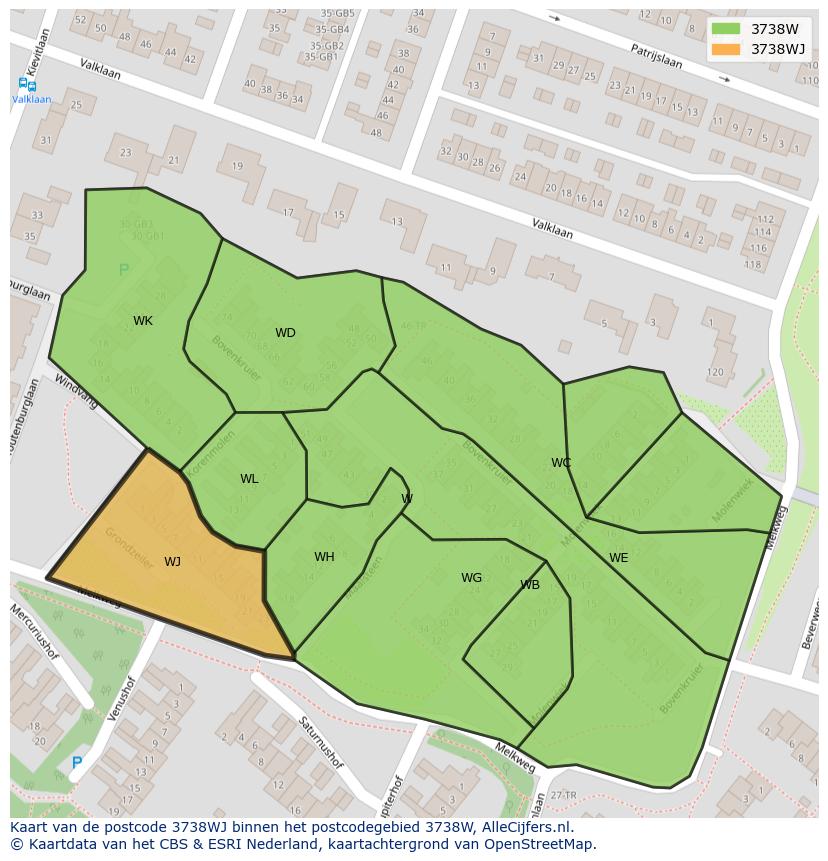 Afbeelding van het postcodegebied 3738 WJ op de kaart.