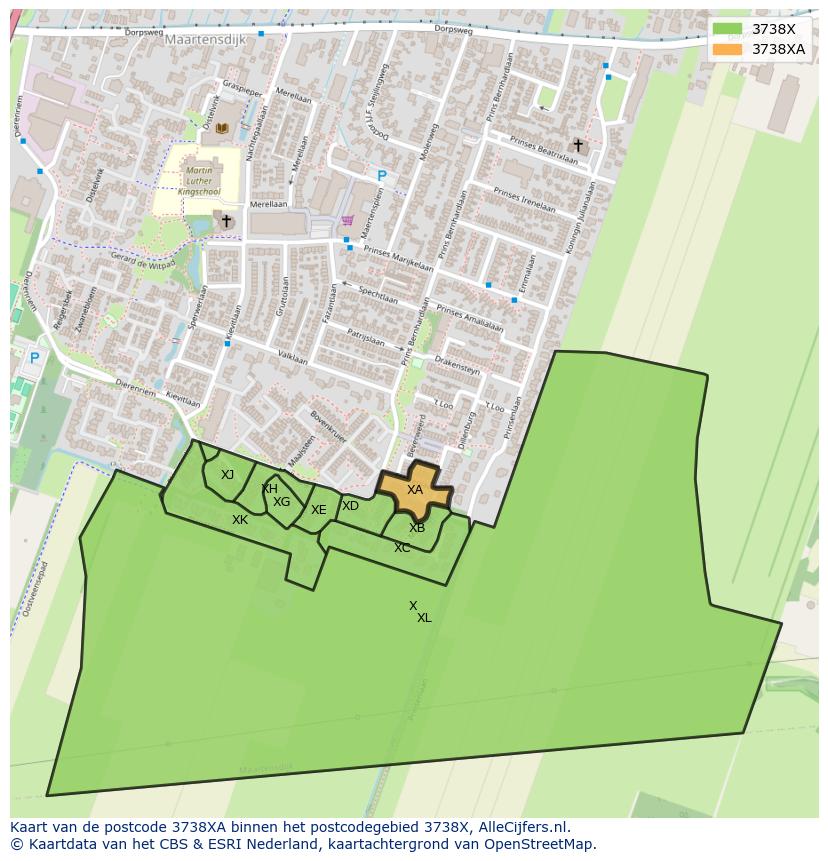 Afbeelding van het postcodegebied 3738 XA op de kaart.