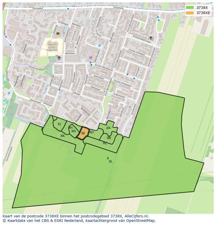 Afbeelding van het postcodegebied 3738 XE op de kaart.