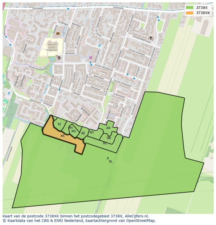 Afbeelding van het postcodegebied 3738 XK op de kaart.