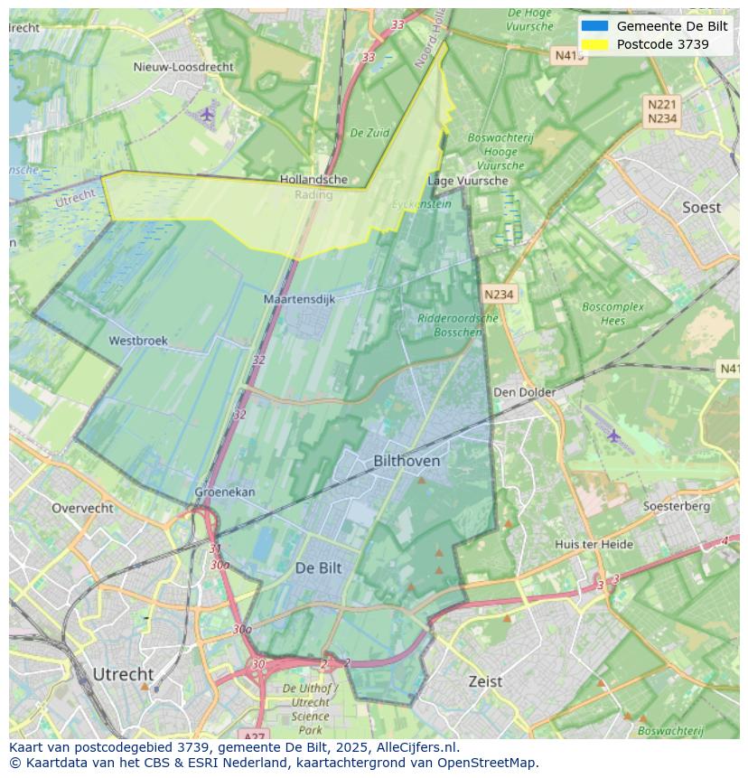 Afbeelding van het postcodegebied 3739 op de kaart.