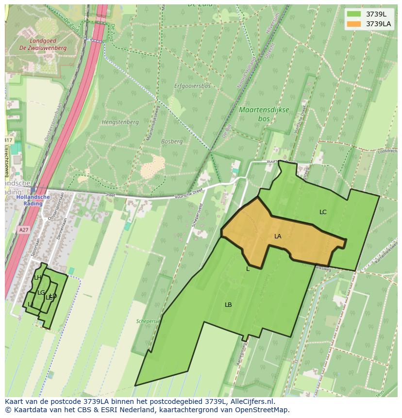 Afbeelding van het postcodegebied 3739 LA op de kaart.
