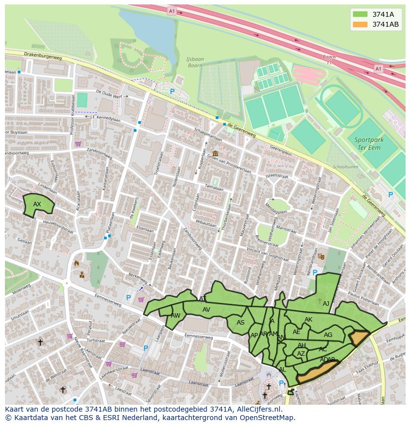 Afbeelding van het postcodegebied 3741 AB op de kaart.
