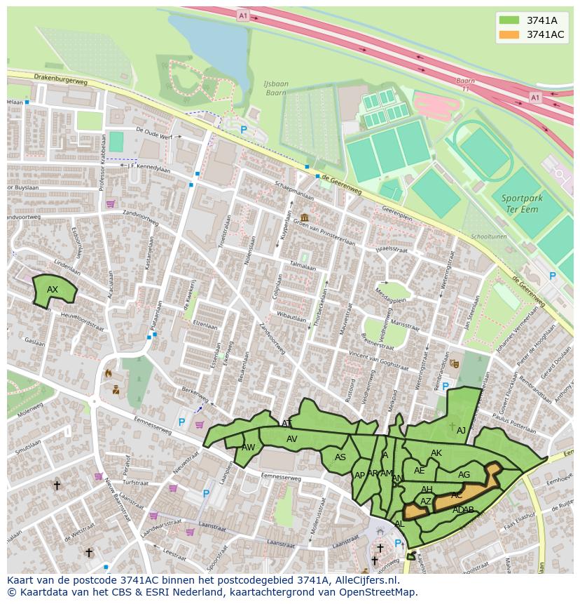 Afbeelding van het postcodegebied 3741 AC op de kaart.