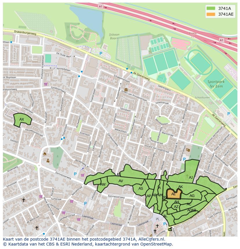 Afbeelding van het postcodegebied 3741 AE op de kaart.