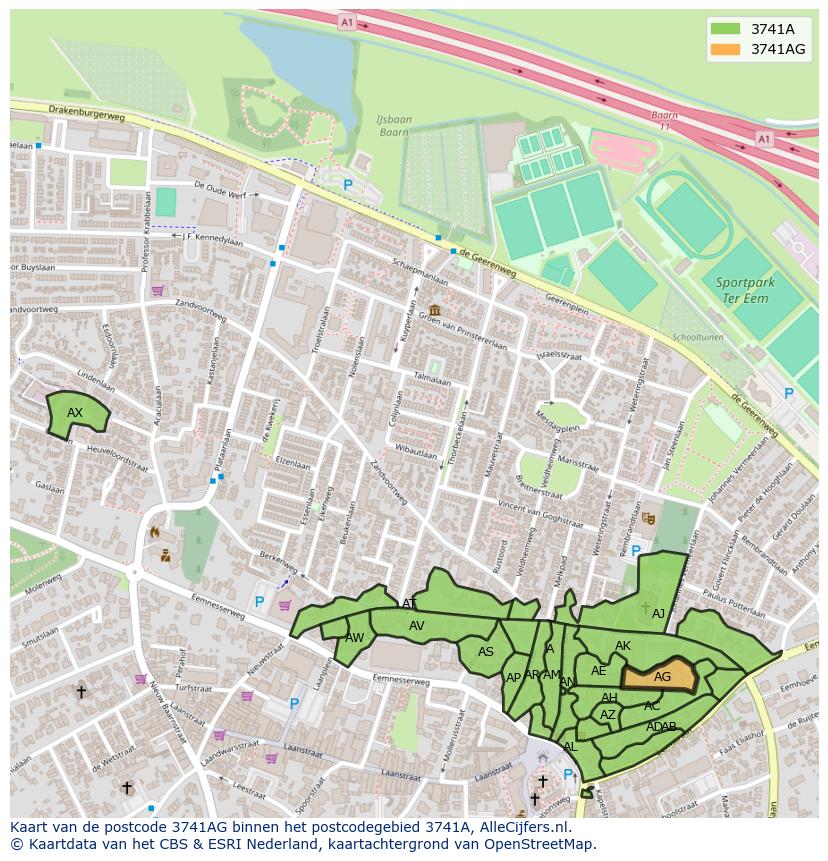 Afbeelding van het postcodegebied 3741 AG op de kaart.