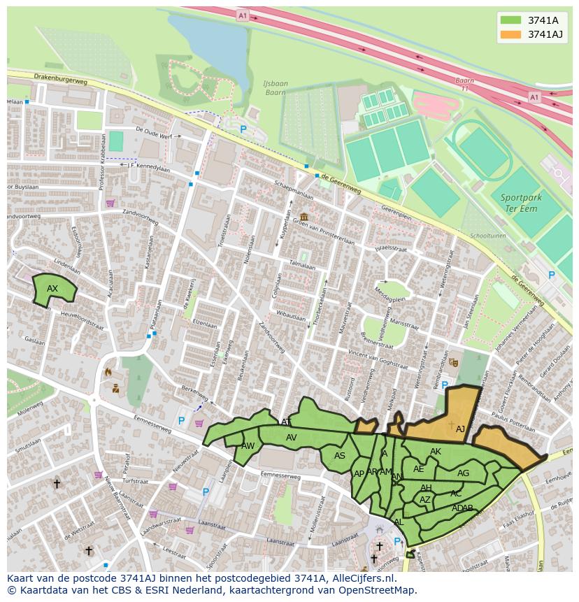 Afbeelding van het postcodegebied 3741 AJ op de kaart.