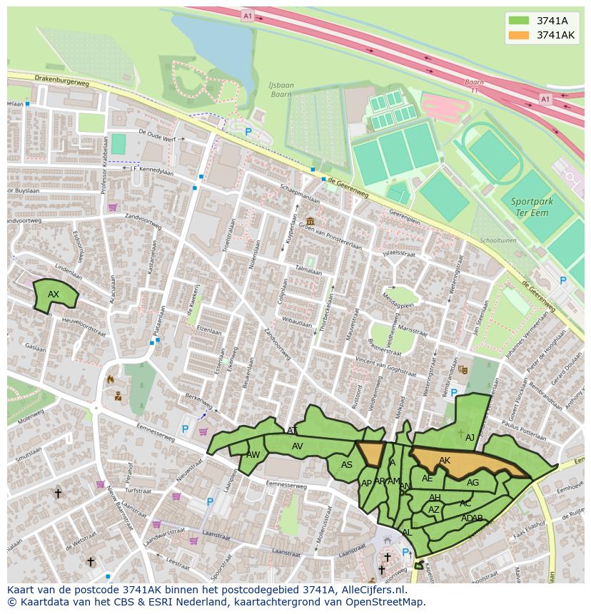 Afbeelding van het postcodegebied 3741 AK op de kaart.