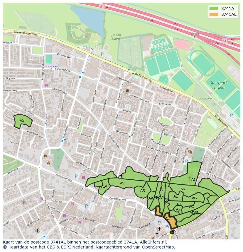 Afbeelding van het postcodegebied 3741 AL op de kaart.