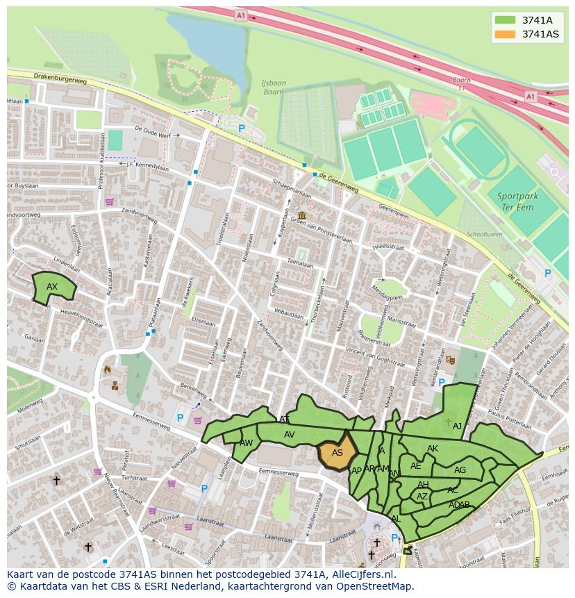 Afbeelding van het postcodegebied 3741 AS op de kaart.