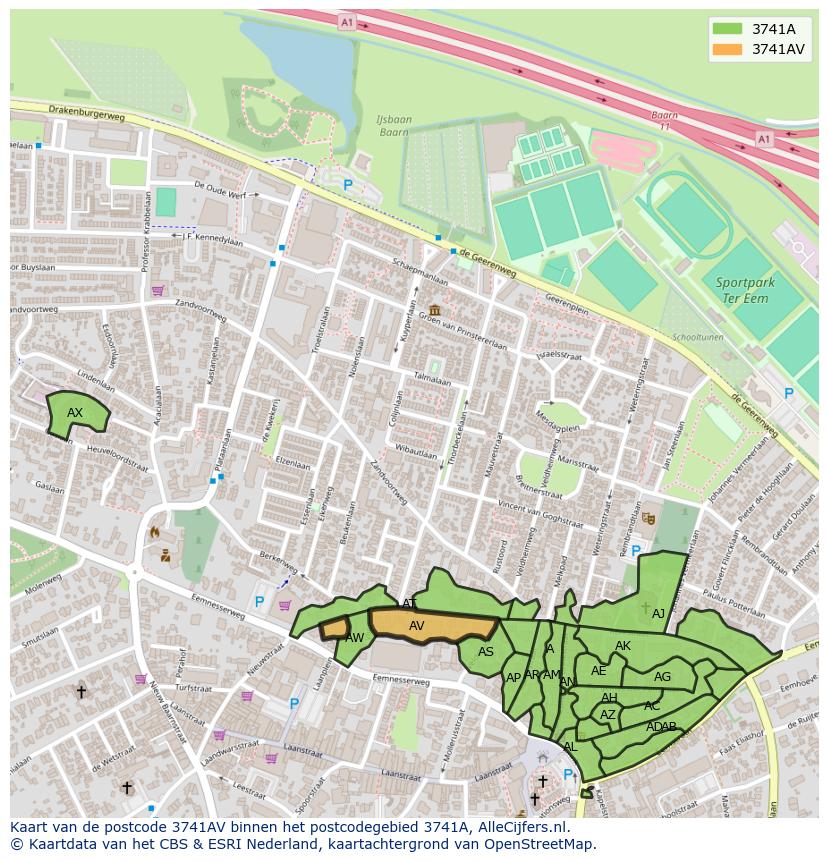 Afbeelding van het postcodegebied 3741 AV op de kaart.