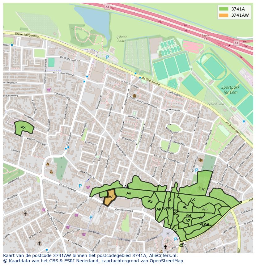 Afbeelding van het postcodegebied 3741 AW op de kaart.