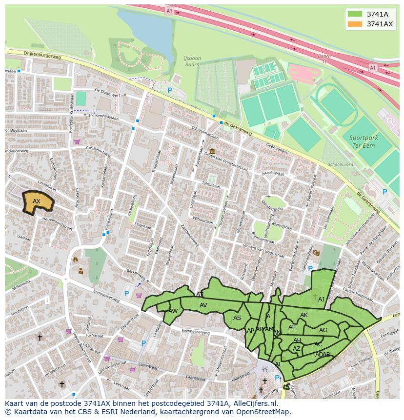 Afbeelding van het postcodegebied 3741 AX op de kaart.