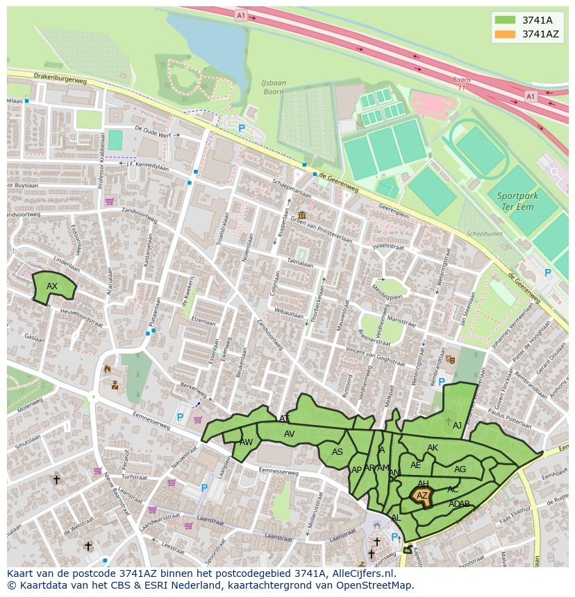 Afbeelding van het postcodegebied 3741 AZ op de kaart.