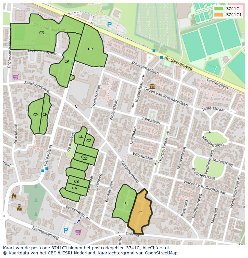 Afbeelding van het postcodegebied 3741 CJ op de kaart.